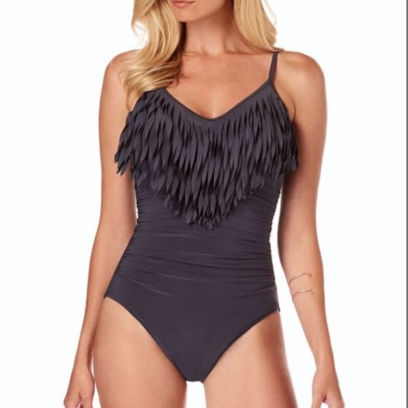 Magicsuit Blaire One-Piece Swimsuit Sz 12 Gray Fringe Ruched Slimming Underwire - Picture 1 of 9